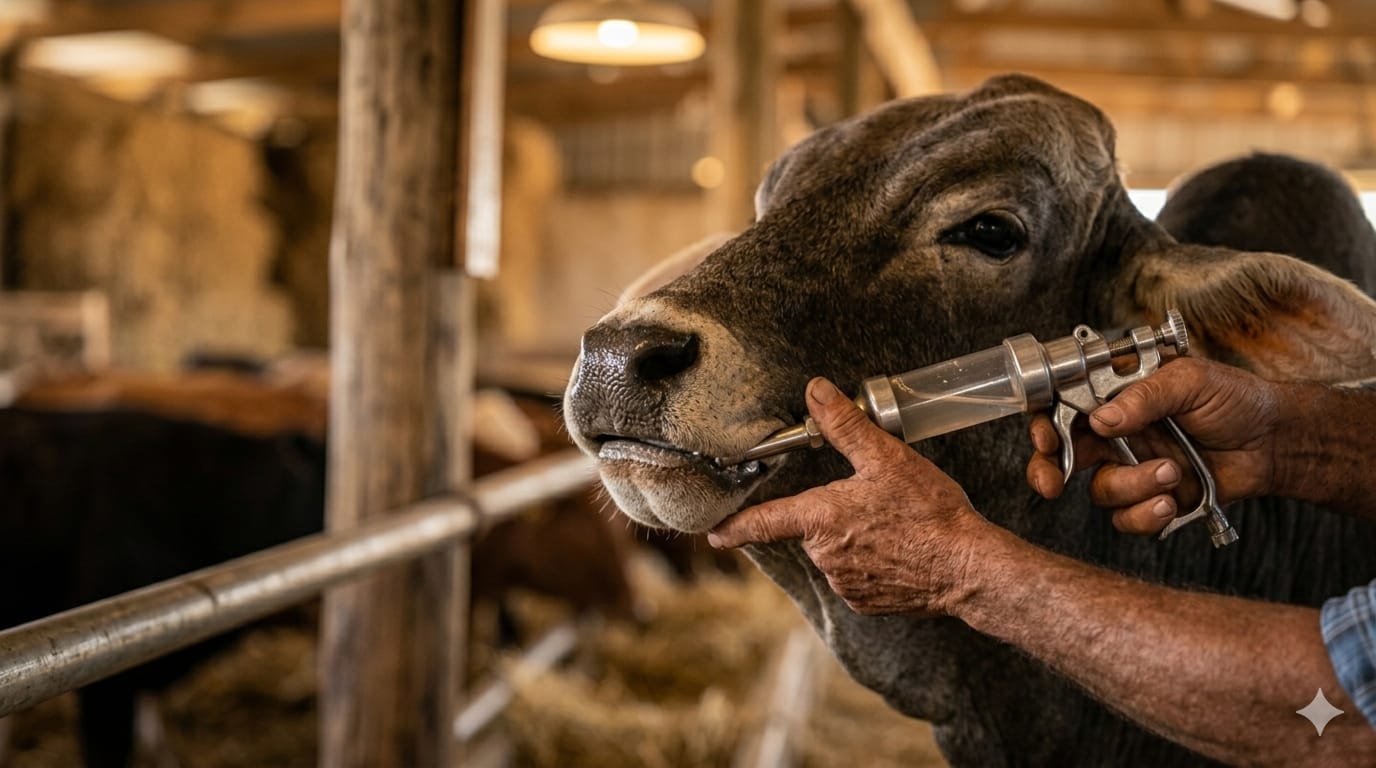 A bull being dosed orally during handling