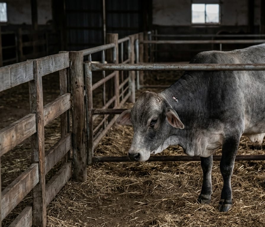 A stud bull in the pen, weeks before breeding season