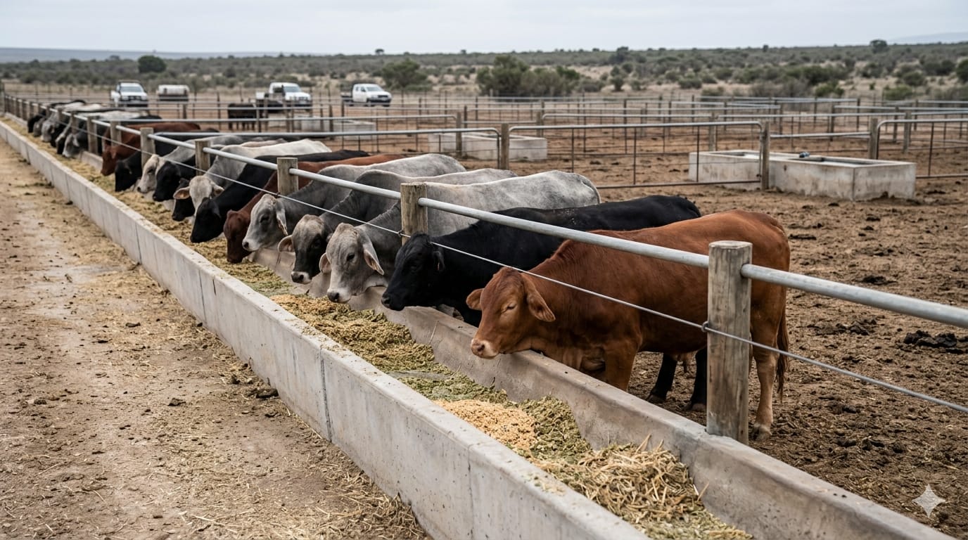 A bull in a handling yard beside loading vehicles